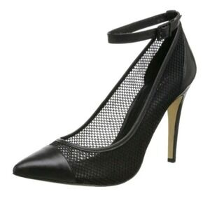 BCBG Paris Black Mesh Ankle Strap Heels Women's 10M Pointed Toe Stiletto Pumps